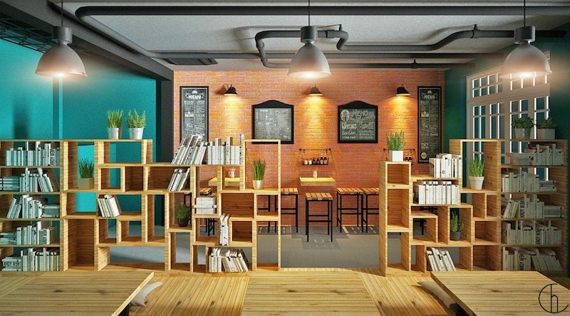 Quán cafe sách phong cách Rustic