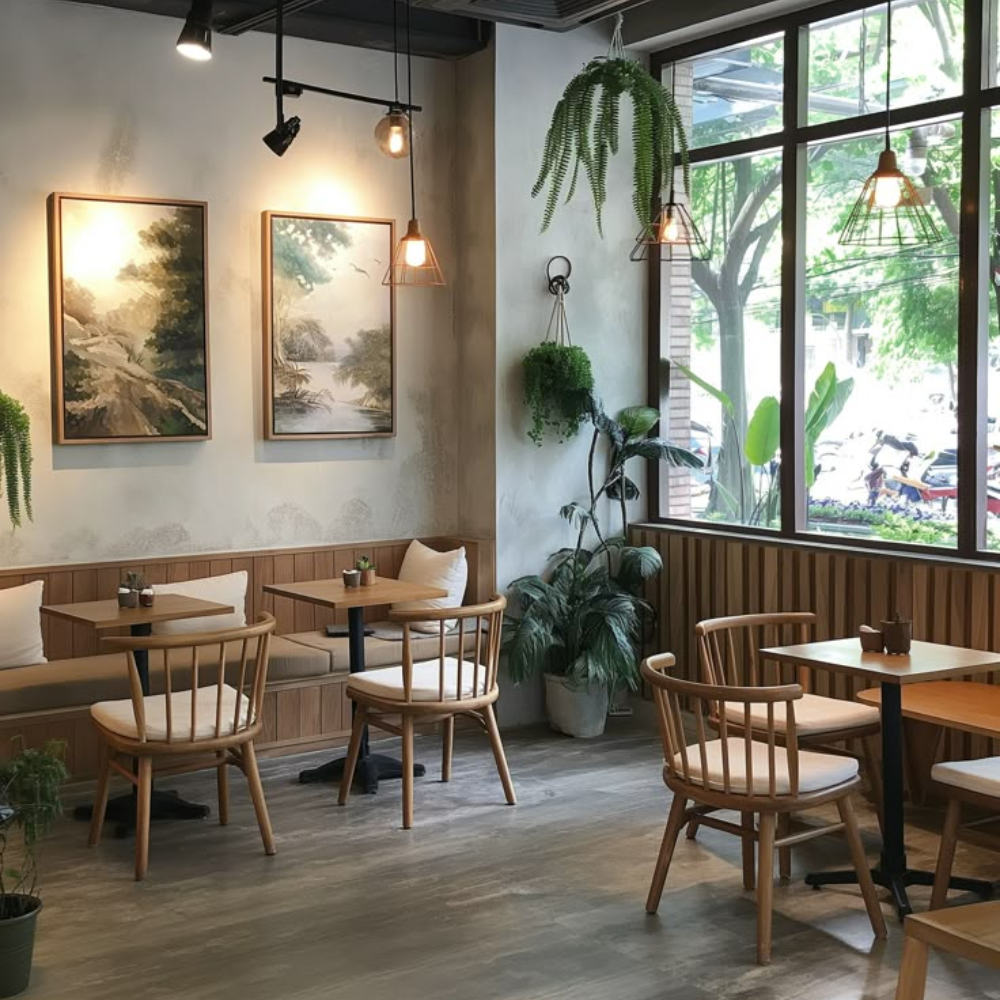 Bố trí cây xanh trong phong cách thiết kế quán cafe tối giản