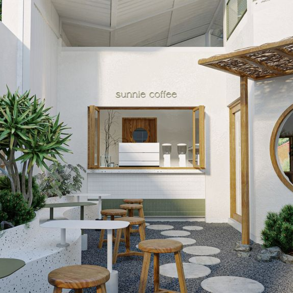 Mẫu quán cafe tối giản kết hợp không gian ngoài trời