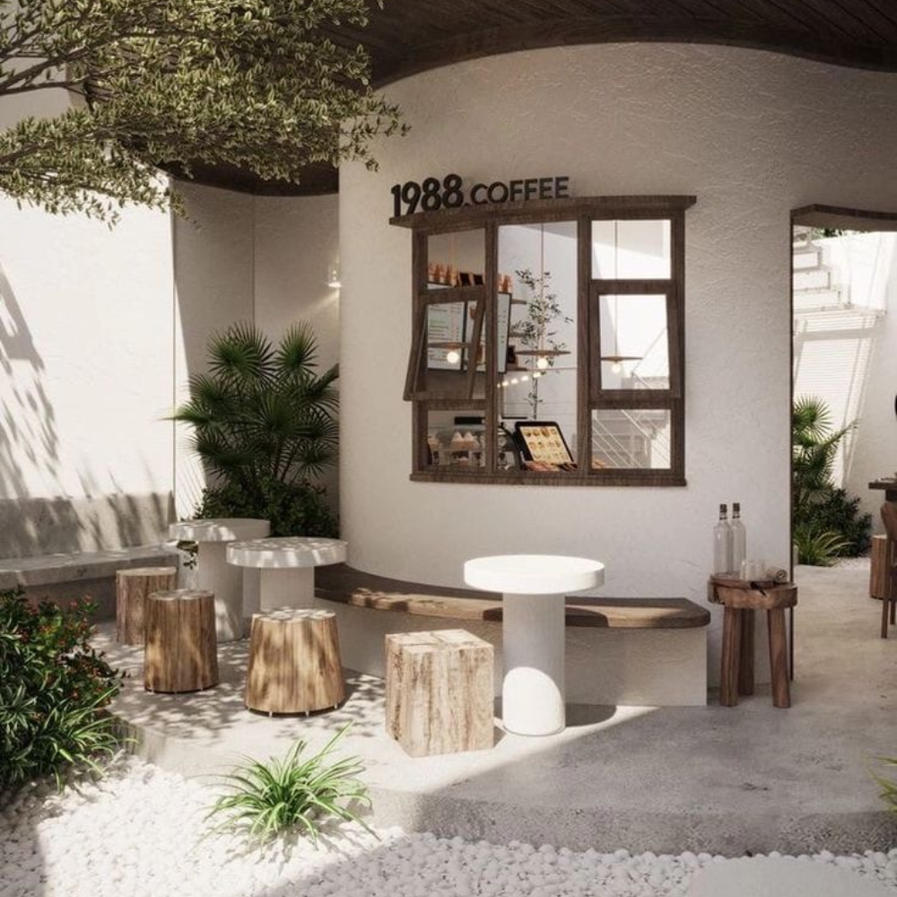 Mẫu quán cafe tối giản kết hợp không gian ngoài trời