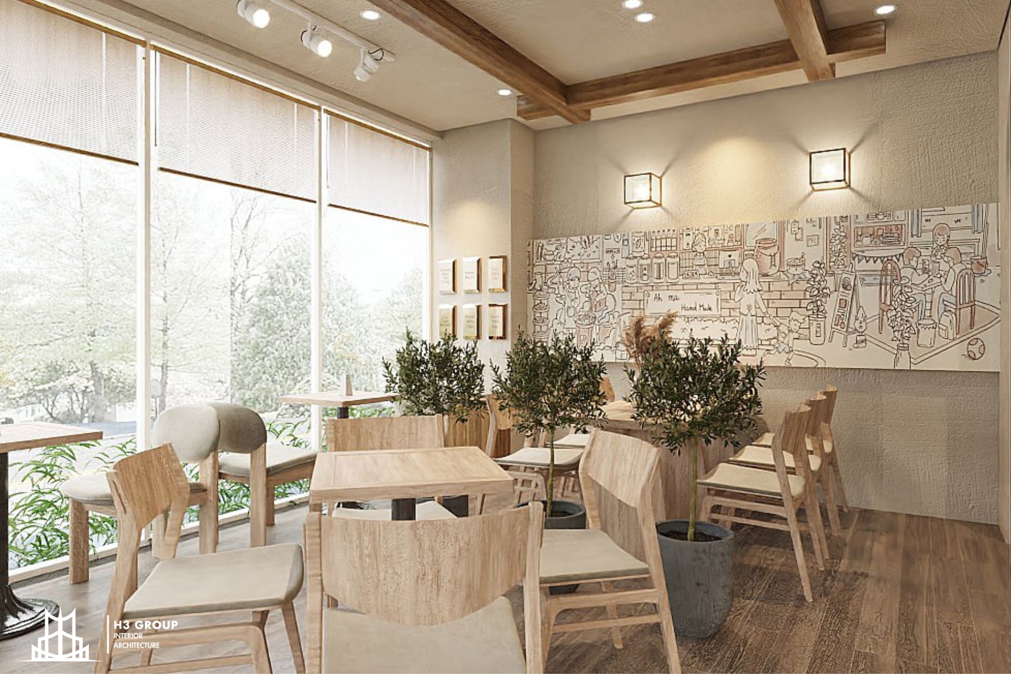 Phong cách Hàn Quốc dành cho quán cafe 60m2 sử dụng tông màu trung tính