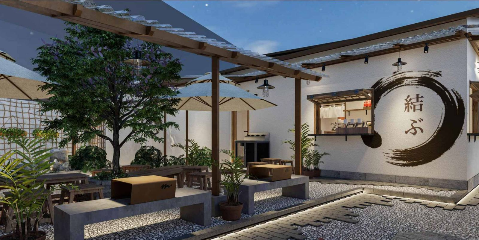 Lối đi trong các quán cafe sân vườn kiểu Nhật được rải nhiều sỏi, kết hợp hài hòa với màu sắc ở mặt tiền.