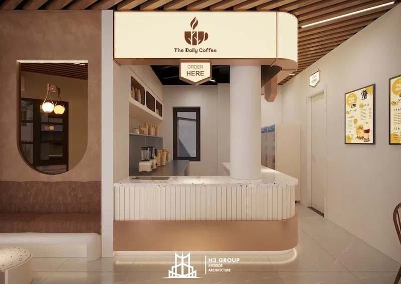 Quầy bar chữ L của dự án The daily Coffee do H3 Group thiết kế phù hợp với những không gian có diện tích nhỏ