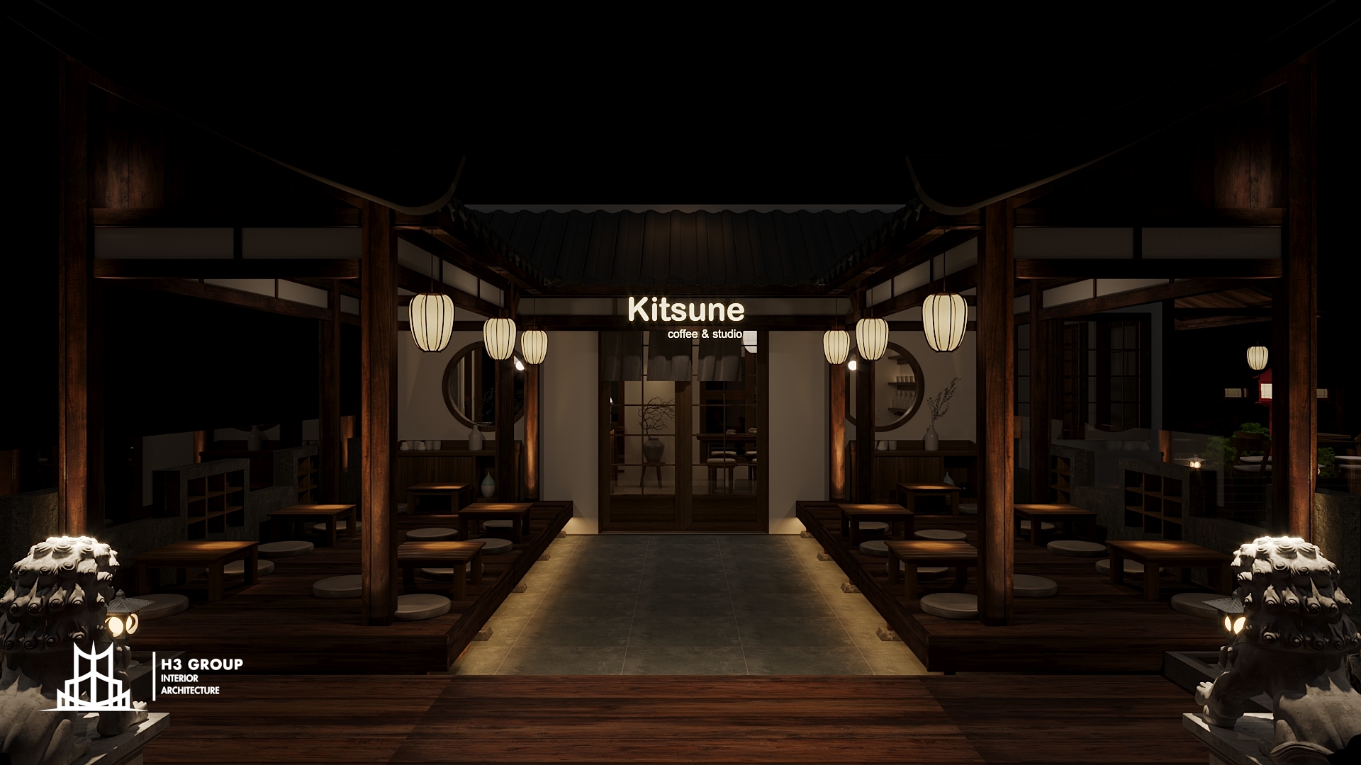 Dự án quán cafe Kitsune do H3 Group thiết kế được xây dựng mang đậm nét Nhật Bản với phần không gian phía ngoài sử dụng tông màu gỗ, tạo điểm nhấn bằng lồng đèn