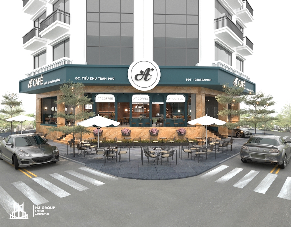 Dự án A+ Cafe với gam màu chủ đạo của phong cách thiết kế Tân cổ điển là trắng - xanh kết hợp với tone màu vàng tạo điểm nhấn tân thời, hiện đại