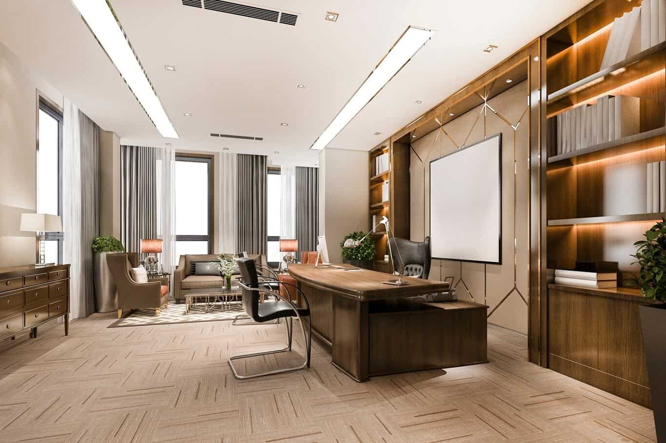 Bàn làm việc, tủ, giá sách được thiết kế đơn giản, tích hợp nhiều công năng, giúp tối ưu diện tích và giữ cho không gian luôn gọn gàng