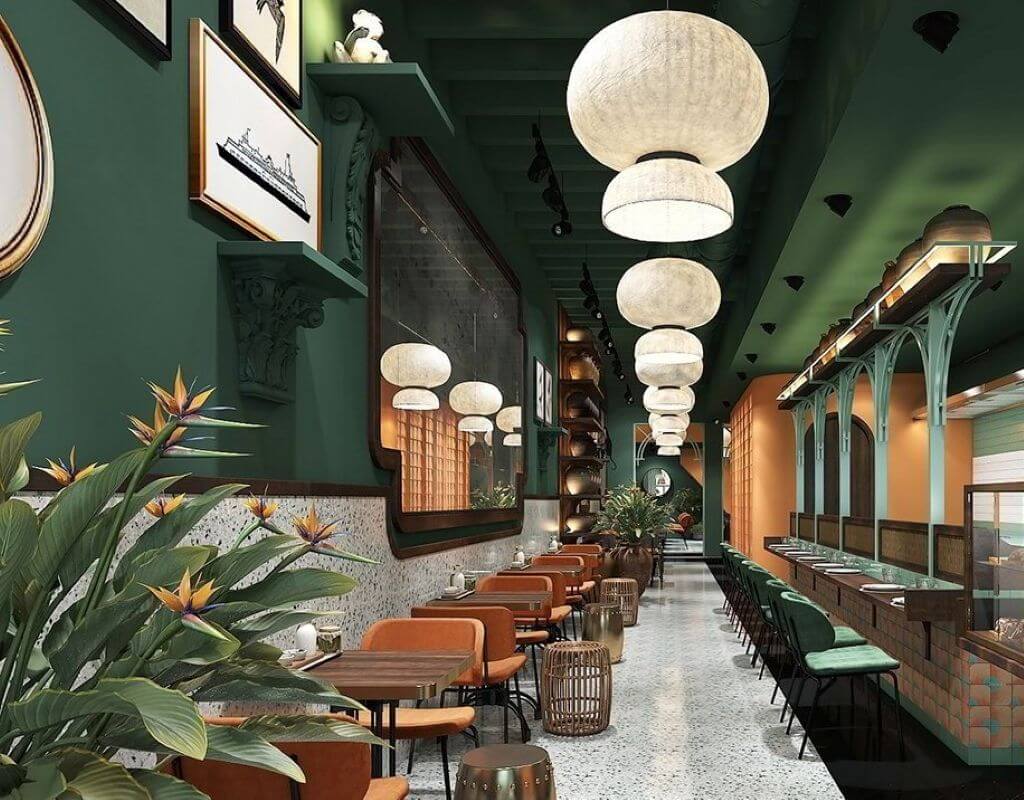 Đèn lồng cách điệu trong phong cách Indochine đương đại là sự giao thoa tinh tế giữa chất liệu truyền thống và hình khối hiện đại, tạo điểm nhấn vừa hoài cổ vừa mới mẻ cho không gian