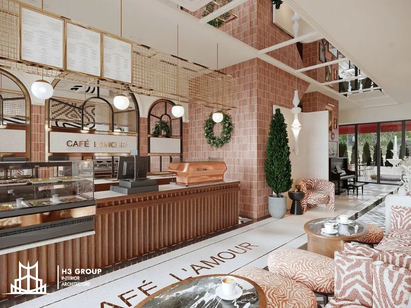Dự án La'mour Cafe sử dụng gỗ tối màu kết hợp đá tự nhiên để thiết kế quầy bar
