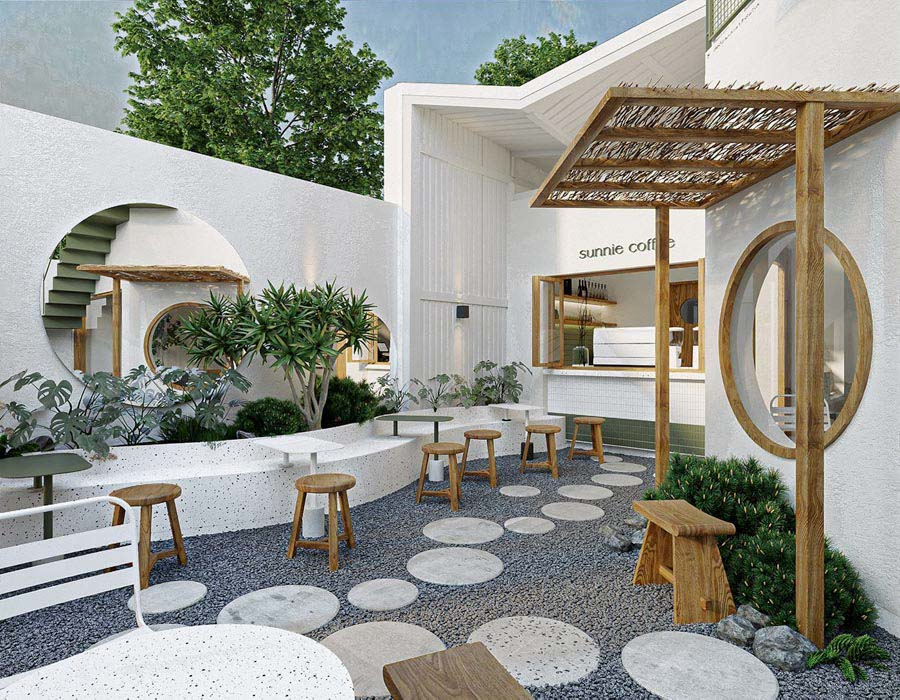 Quán cafe sân vườn 100m2 mặt bằng nhà ống theo phong cách địa trung hải phóng khoáng, gần gũi với thiên nhiên