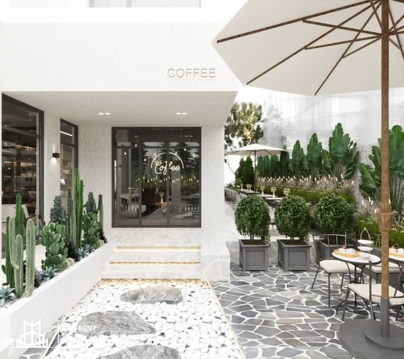 Tổ hợp coffee sân vườn và văn phòng IT 200m2 kết hợp giữa thiết kế mở và tông trắng đơn giản giúp không gian thêm phần sáng sủa