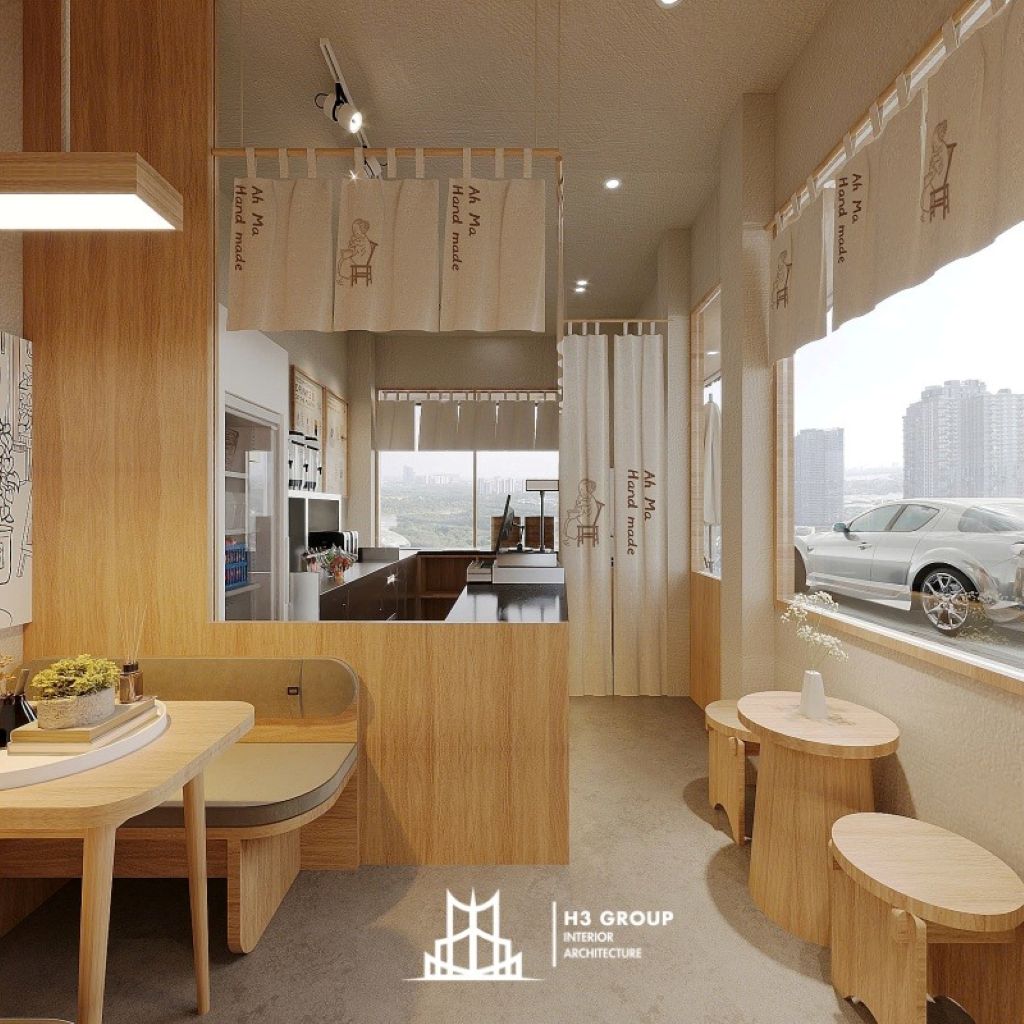 Mẫu thiết kế quán cafe nhỏ phong cách tối giản bố trí cửa kính xung quanh lấy ánh sáng tự nhiên