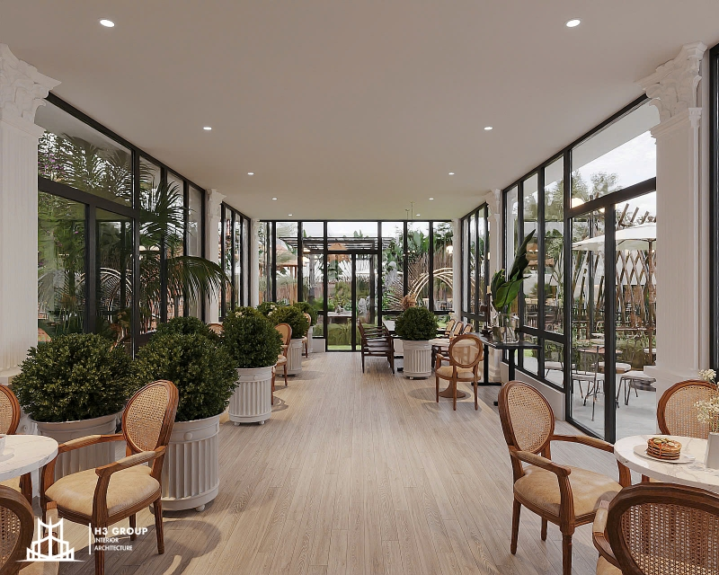 Thiết kế quán cafe sân vườn 200m2 với phong cách Bắc Âu, sử dụng những món đồ nội thất đơn giản, chân nhỏ tạo cảm giác trang nhã, sang trọng