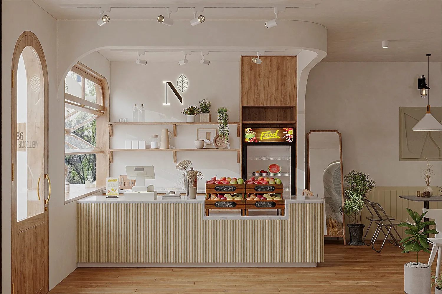 Quán trà sữa diện tích 15-25m² thiết kế theo phong cách Hàn Quốc gam màu pastel trắng kem, be. Quầy bar nên đặt lệch về một bên hoặc cuối quán, ốp gỗ sáng màu sử dụng kính lớn để tạo cảm giác gần gũi thu hút khách hàng trẻ tuổi như học sinh, sinh viên