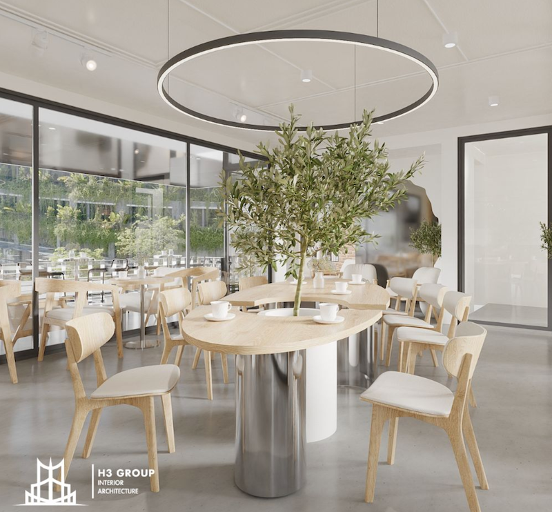 Hệ thống đèn led cũng là một phần quan trọng trong thiết kế quán cafe 2 tầng theo phong cách hiện đại.
