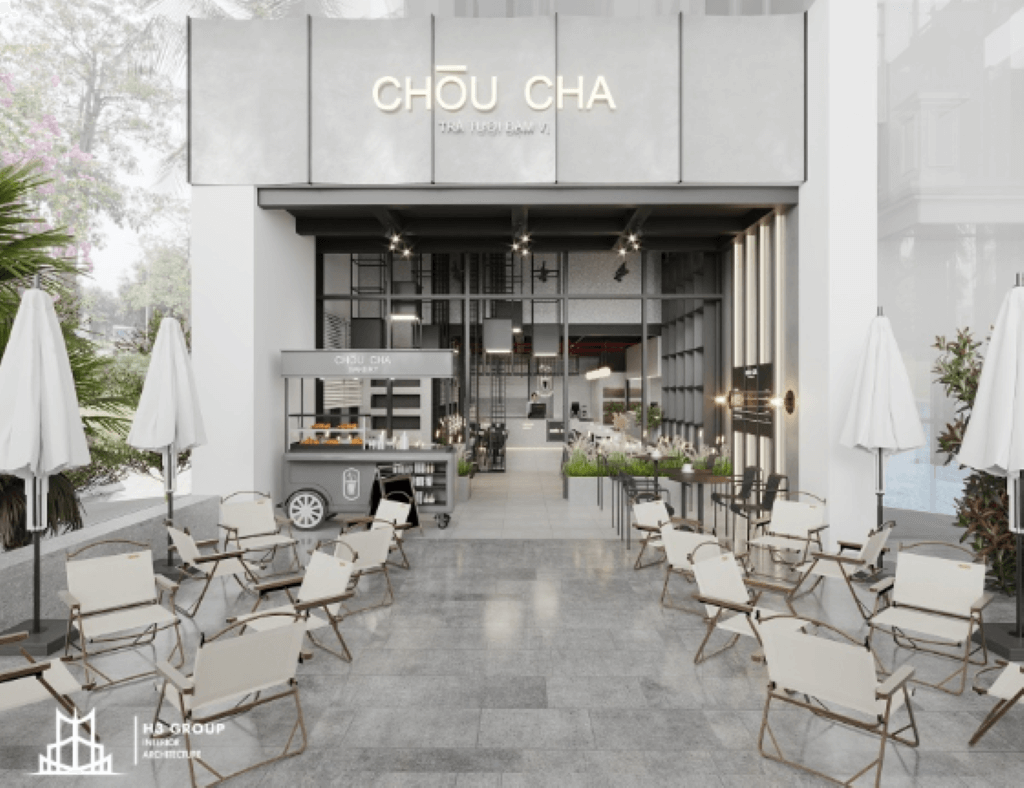 Mặt tiền phía trước của quán cafe nhỏ phong cách tối giản bày trí ghế gấp gọn, tối ưu diện tích không gian