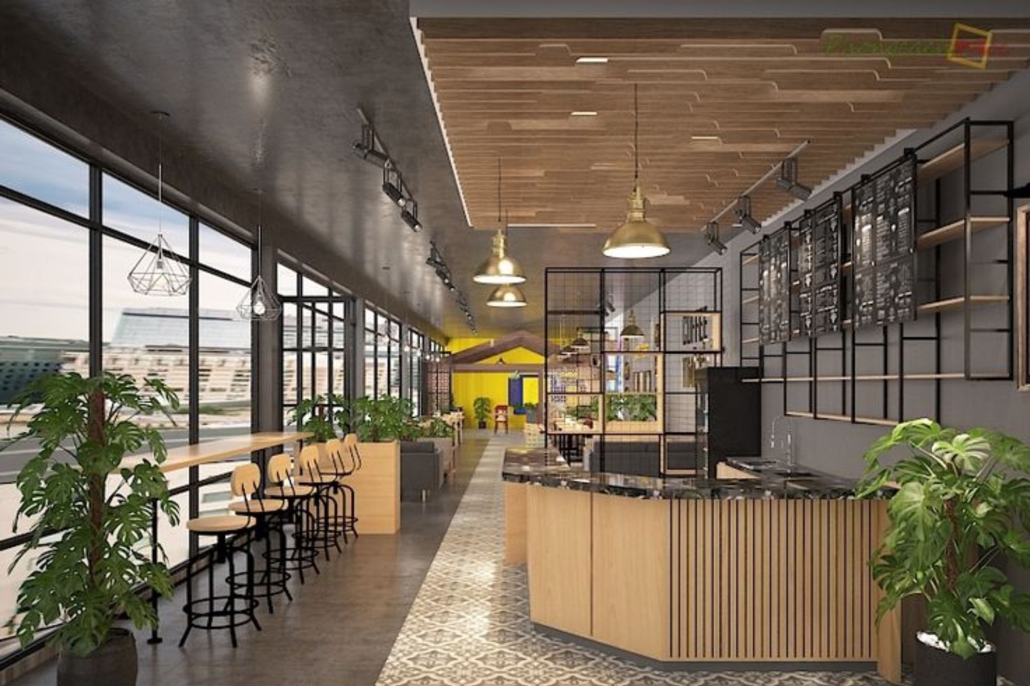 mẫu thiết kế quán cafe kính ấn tượng