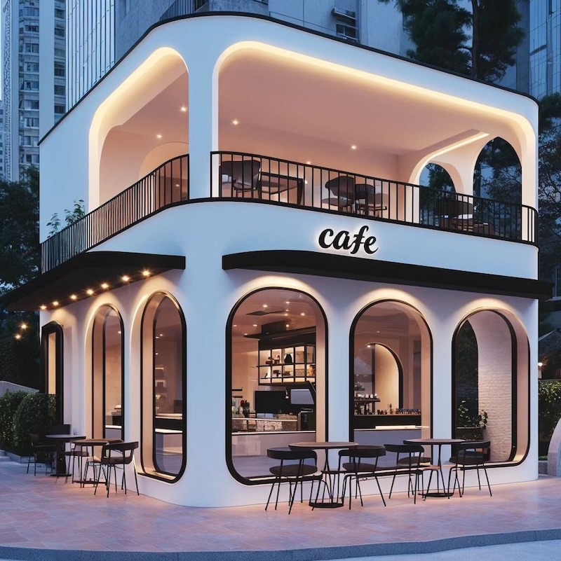 Kết cấu không gian 2 tầng của quán cafe theo trường phái tối giản rất tinh gọn