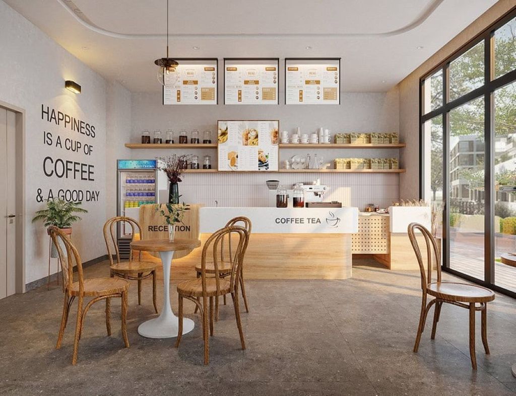 Mẫu thiết kế quán cafe nhỏ phong cách hiện đại nổi bật với cách bố trí không gian tinh gọn, mang đến cảm giác gần gũi