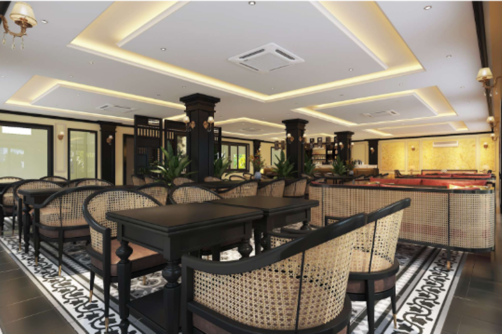 Không gian sử dụng màu trung tính làm chủ đạo, nhấn bằng các chi tiết gỗ tối màu, phào chỉ trang trí và họa tiết truyền thống – vừa nền nã, vừa đẳng cấp
