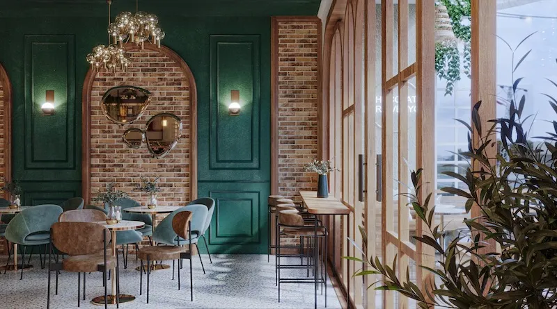 Sắc xanh cổ vịt quyền quý là đặc trưng của phong cách Indochine kết hợp cùng tường gạch thô mộc của phong cách Vintage Art Deco đã tạo nên một không gian sang trọng mà vẫn ấm cúng, đầy hoài niệm