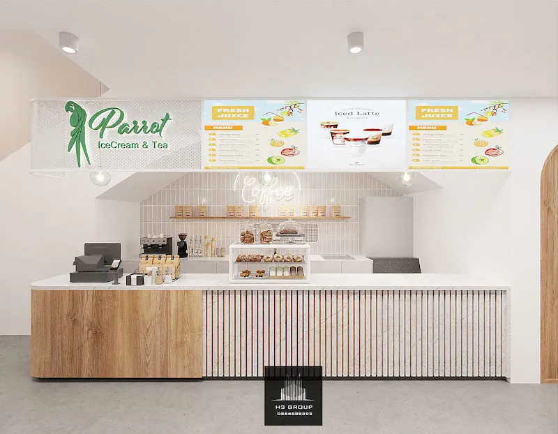 Dự án Parrot Coffee do H3 Group thực hiện sử dụng đá nhân tạo và gỗ trong thiết kế quầy bar