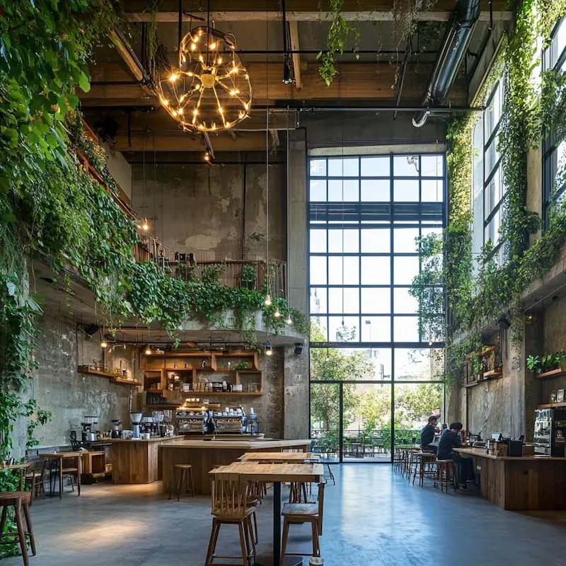 Mẫu thiết kế cafe Industrial kết hợp mảng xanh đầy phóng khoáng và nghệ thuật, mang đến cảm giác vừa hoài cổ vừa hiện đại