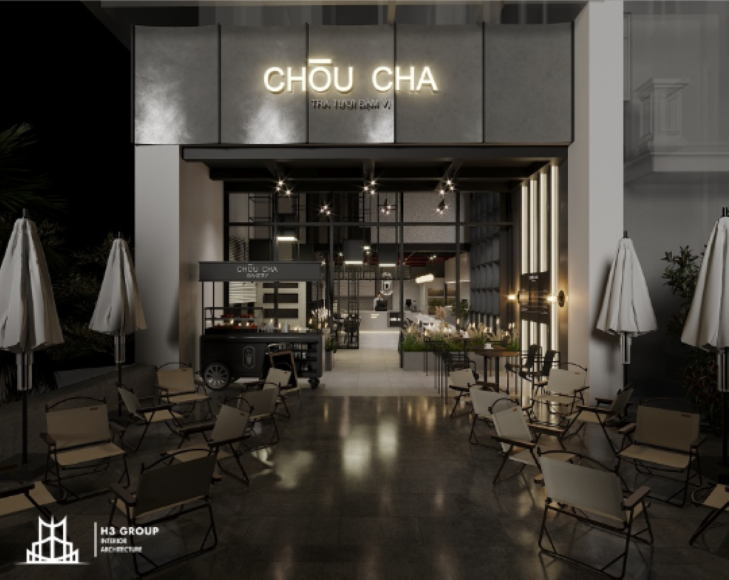Dự án Chōu Cha Cafe do H3 Group thi công sử dụng đèn hắt logo, đèn tường trang trí và spotlight trần với ánh sáng vàng trung tính để làm nổi bật thương hiệu