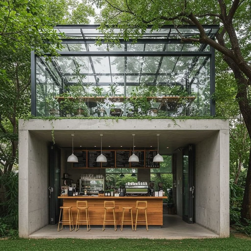 Bề mặt nguyên vật liệu xây dựng được tập trung làm nổi bật trong quán cafe 2 tầng phong cách tối giản.