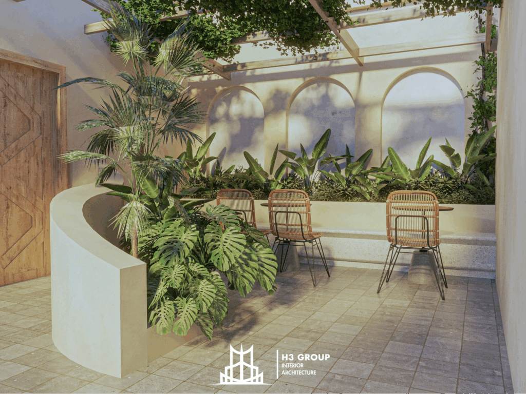 Quán cafe sân vườn theo phong cách đương đại đặc trưng bởi những hình khối gọn gàng và mới mẻ