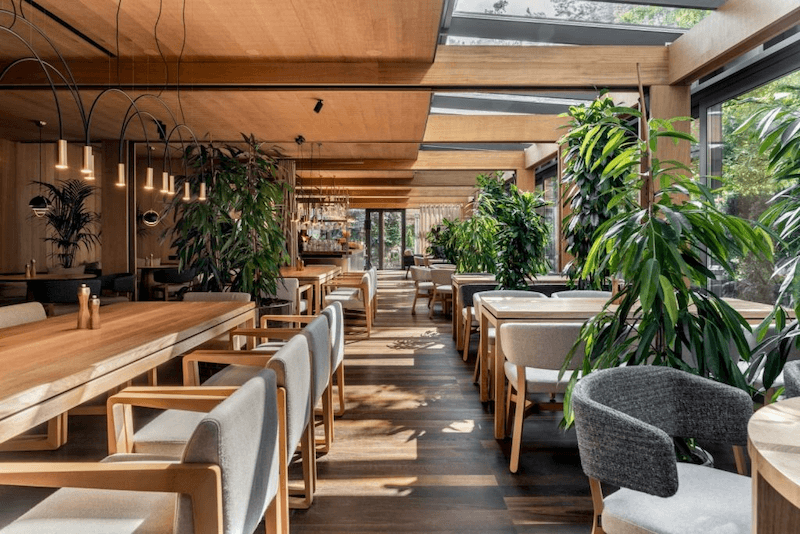 Không gian cafe nhà kính ấm cúng với trần kính lấy sáng, nội thất gỗ hiện đại và cây xanh bố trí hài hòa