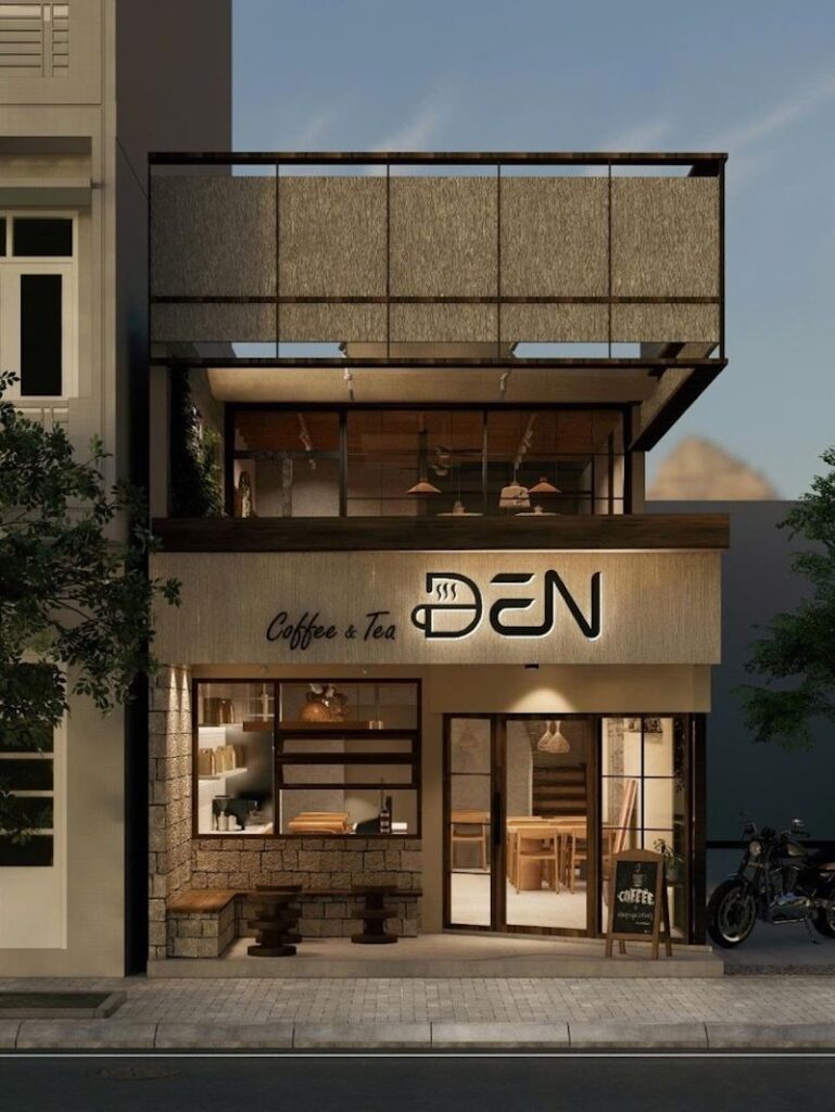 Mặt tiền của quán cafe phong cách tối giản loại bỏ những chi tiết dư thừa nhưng vẫn đảm bảo sự chỉn chu trong đường nét.
