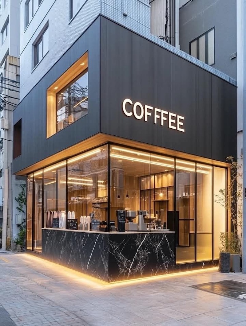 Mẫu quán cafe tinh gọn về đường nét, không cầu kì trong cách bài trí nhưng tạo cảm giác rộng rãi, thông thoáng.