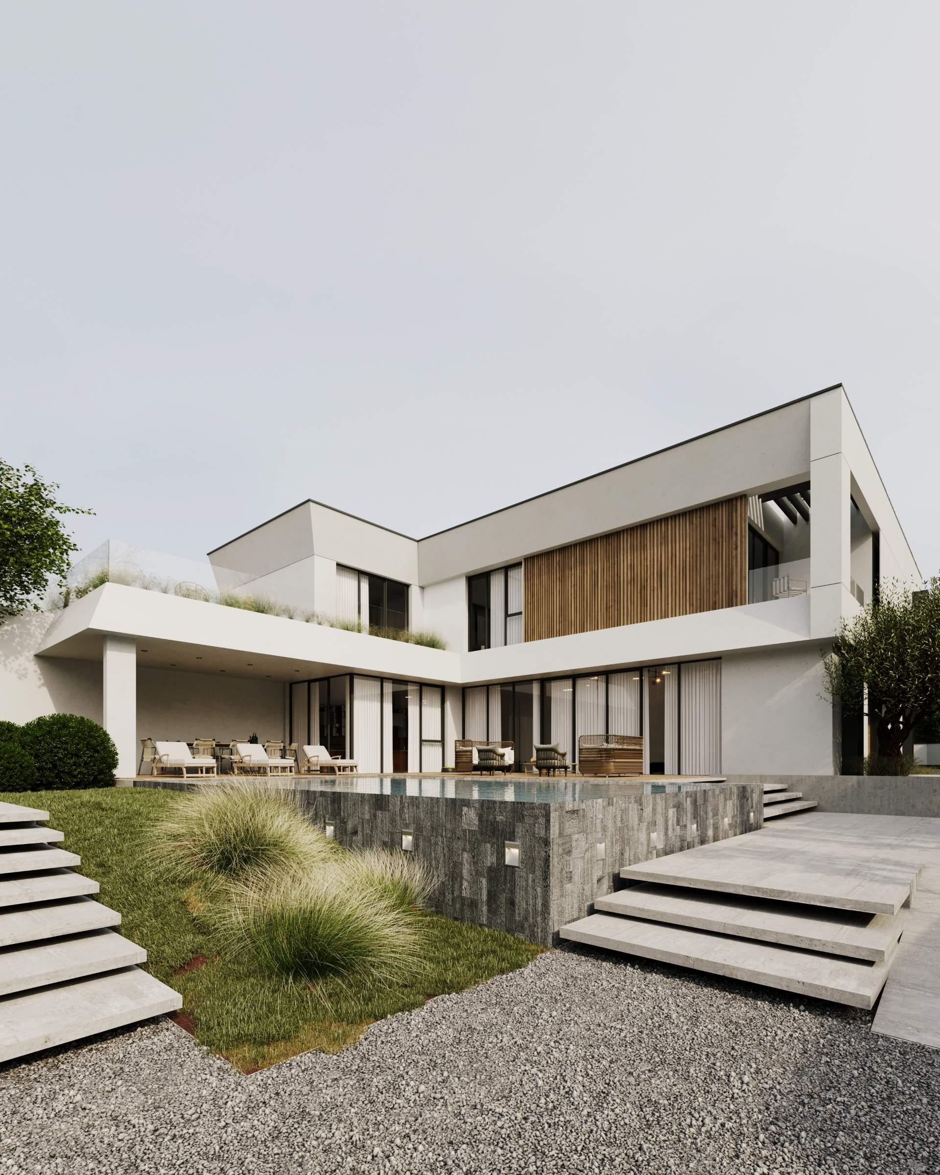 Hồ bơi và sân vườn trong biệt thự Minimalism thường được thiết kế theo tinh thần thiền định – đường nét tối giản, vật liệu tự nhiên và không gian mở gọn gàng, thư giãn tuyệt đối