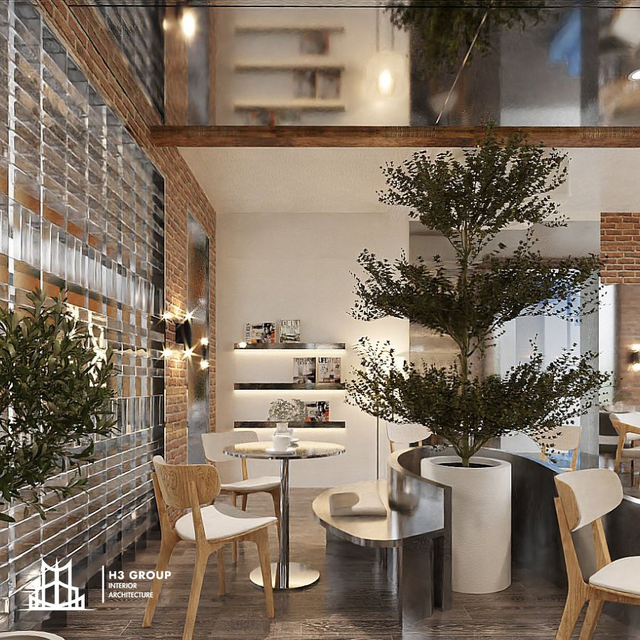 Mẫu thiết kế quán cafe sân vườn 100m2 mặt bằng vuông vức tận dụng trần gương, tạo cảm giác không gian được nhân đôi