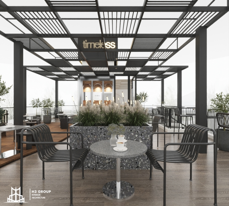 Timeless Cafe kết hợp với không gian mở, thoáng đãng và gam màu đen trung tính