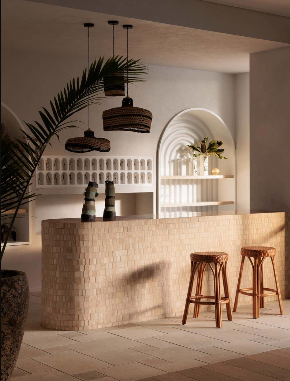 Quán trà sữa 15-25m² phong cách địa trung hải nổi bật với cách thiết kế quầy bar bo tròn góc, Khu vực ngồi chỉ cần 2 - 3 bàn nhỏ, ghế mây hoặc ghế sắt sơn trắng là đủ để tạo chất riêng.