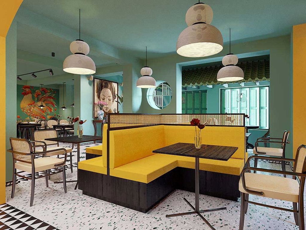 Trong quán cafe Indochine diện tích nhỏ, nên dùng bình phong, cửa lá sách làm vách ngăn nhẹ – vừa phân chia không gian ước lệ, vừa giữ được vẻ thoáng và tinh tế