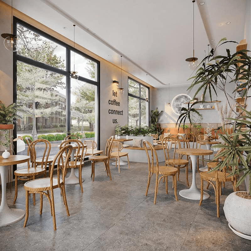 Mẫu thiết kế quán cafe hiện đại với nội thất mây tre tối giản, không gian mở ngập ánh sáng tự nhiên