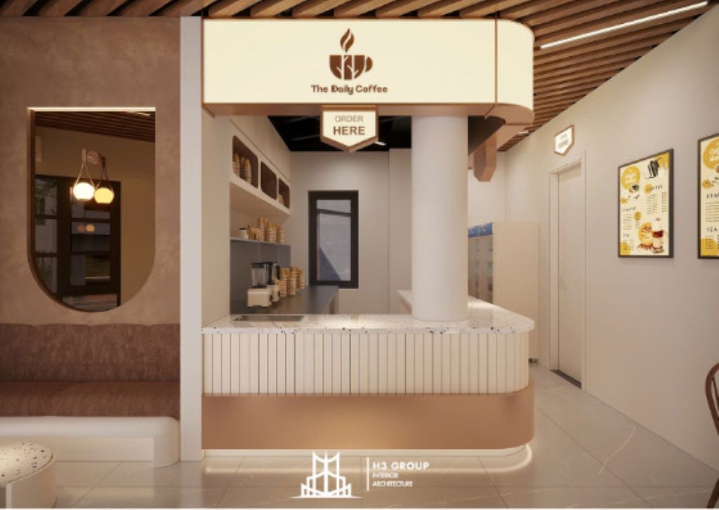 Quầy bar chữ L của dự án The daily Coffee do H3 Group thiết kế phù hợp với những không gian có diện tích nhỏ