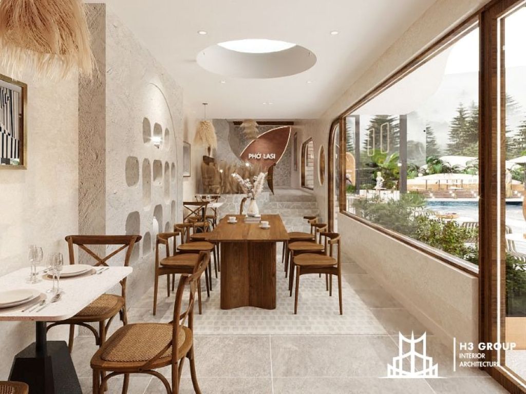 Tổ hợp Nhà Hàng & Cafe Lasi Pho do H3 Group thiết kế nổi bật với những hốc tường và bề mặt trát vữa sần sùi đặc trưng