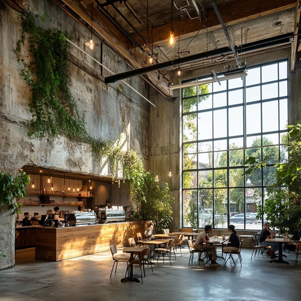 Không gian trong quán cafe phong cách Industrial được thiết kế mở, tạo cảm giác rộng rãi đồng thời phô diễn vẻ đẹp của kết cấu và vật liệu nguyên bản