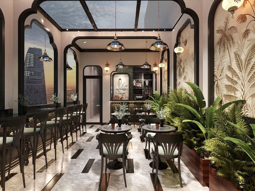 Quán cafe phong cách Indochine thường sử dụng các gam màu chủ đạo như vàng kem, trắng, nâu gỗ,...