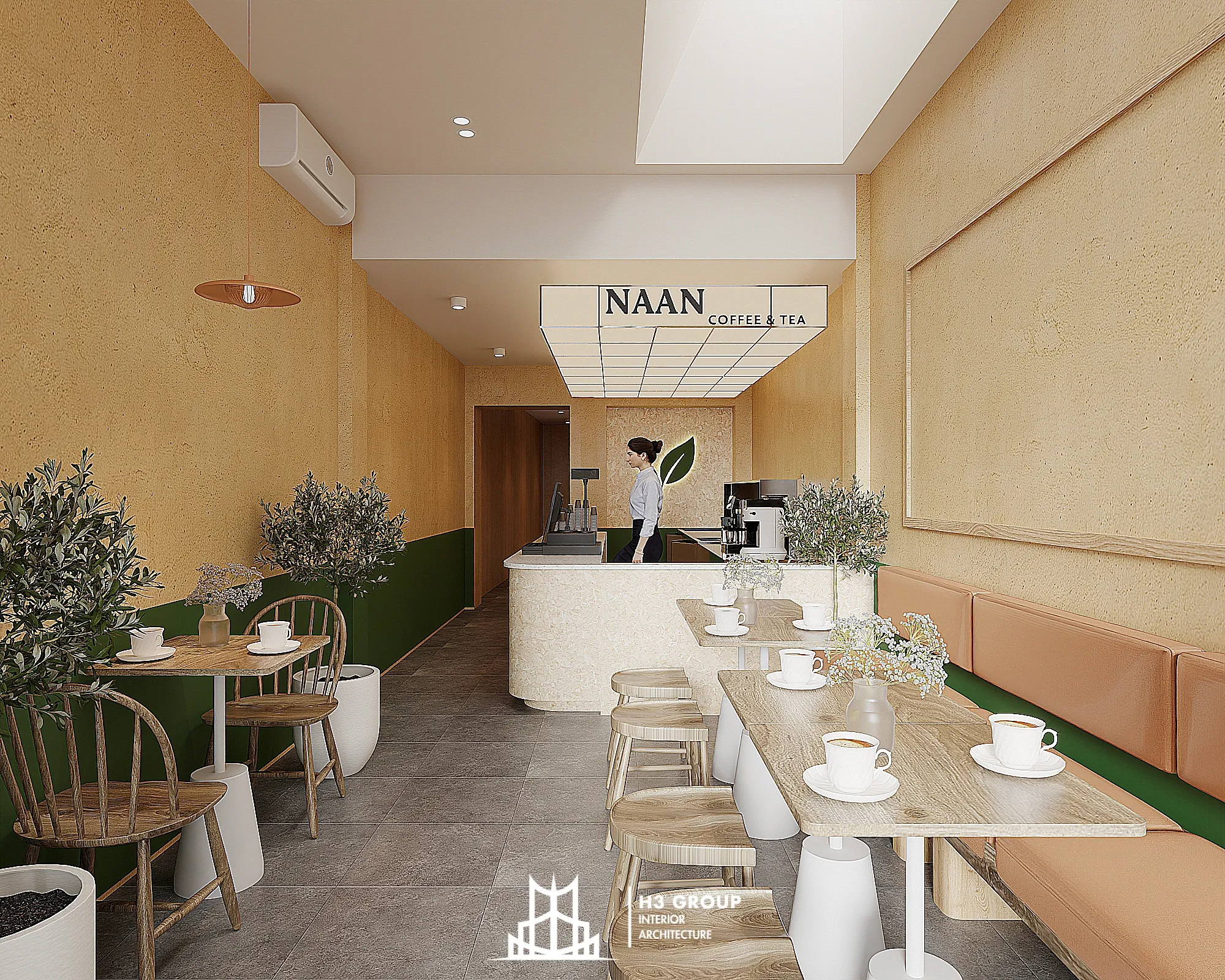 Chi phí cố định bao gồm: thiết kế bên trong, ngoại thất, mặt đứng, logo khi thiết kế quán cafe mặt tiền 4m