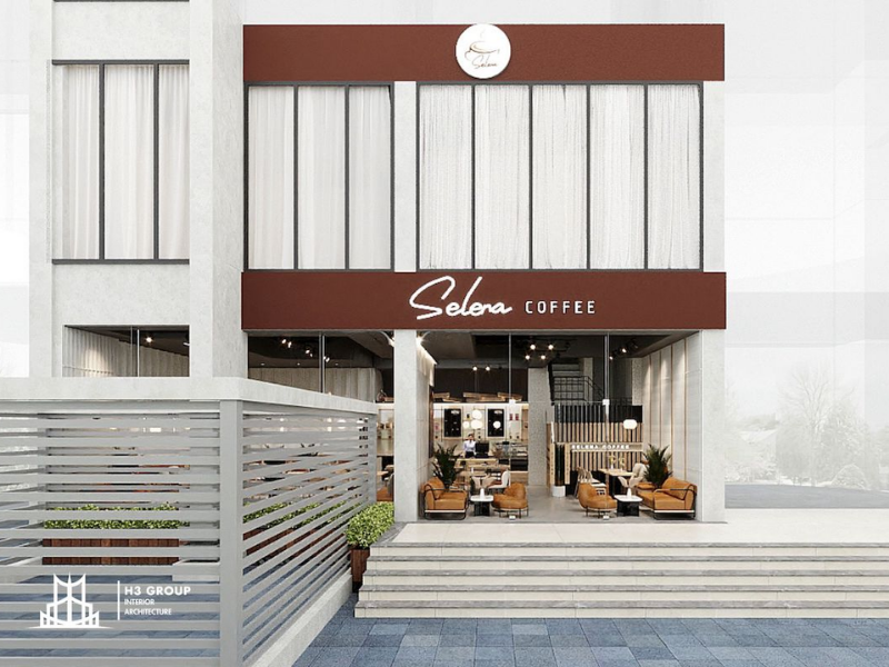 Dự án quán Tuylip Coffee do H3 Group thực hiện có mặt tiền được thiết kế theo phong cách Hàn Quốc hiện đại