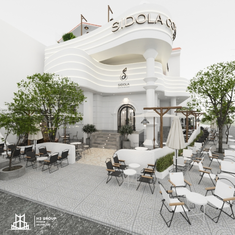 Phong cách Minimalism quán trà sữa sân vườn SIDOLA với gam màu chủ đạo: Trắng, kem tạo sự thông thoáng, nhẹ nhàng