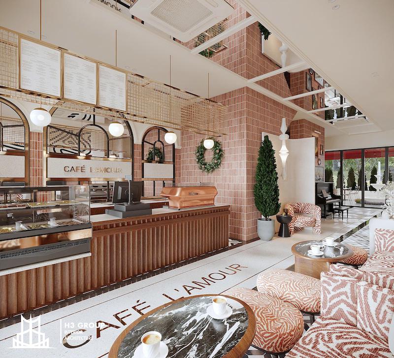 Khu vực mặt tiền của quán cafe được thiết kế làm nổi bật các đường nét của kiến trúc Châu Âu với phần cột hay cửa vòm.