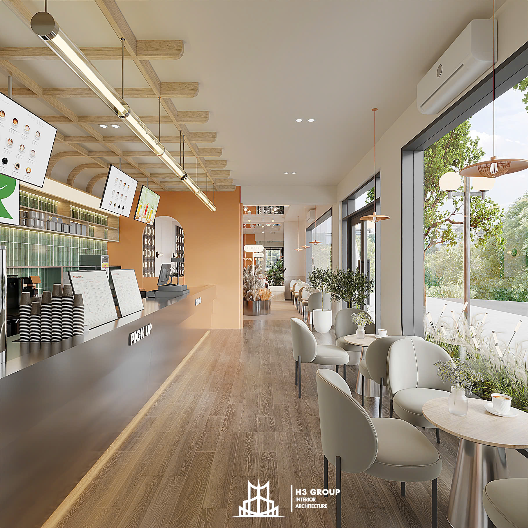 RiKo Cha Cafe ứng dụng vật liệu chủ đạo gồm gỗ tự nhiên, kính, kim loại tạo nên chất cảm hiện đại mà bền vững