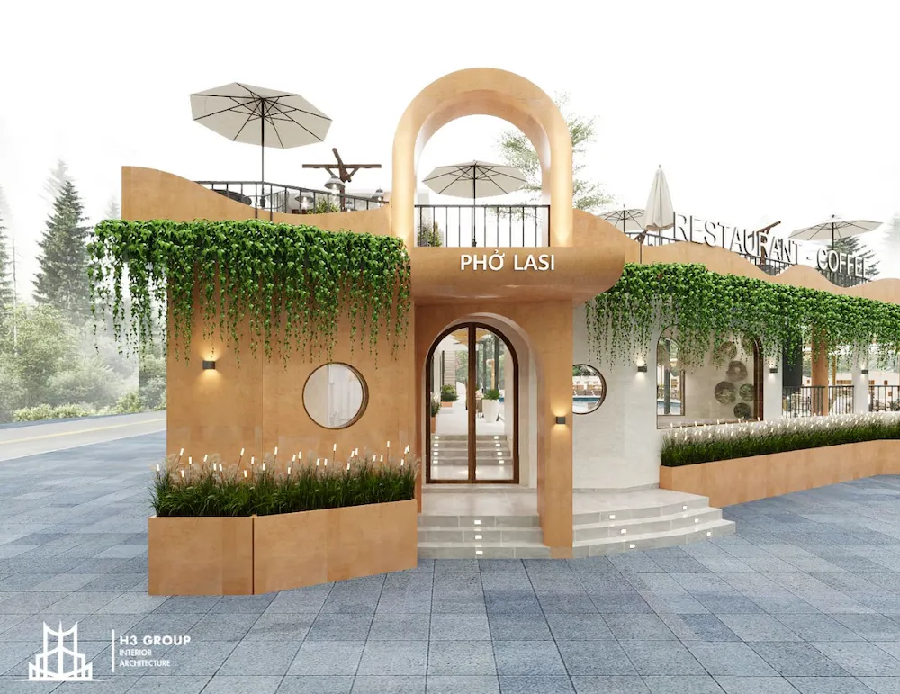 Dự án Phở Lasi với mặt tiền góc phố trên 30m2 được thiết kế với phong cách Tropical sang trọng, hiện đại