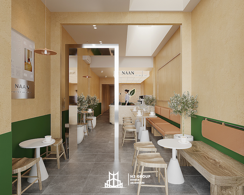 Dự án Naan Coffee & Tea do H3 Group thi công thiết kế theo phong cách mộc mạc để mở rộng không gian nhỏ