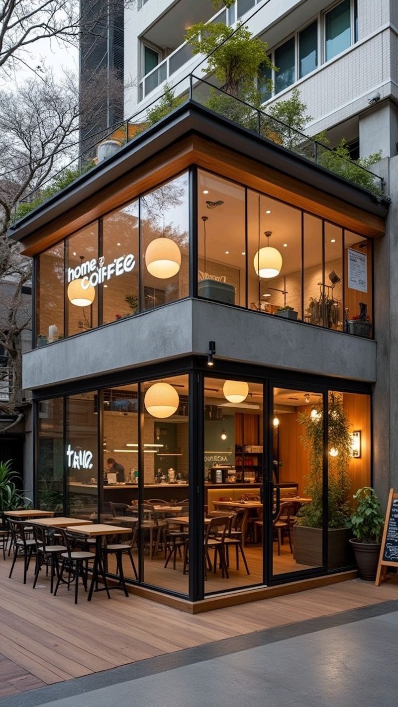 Đèn trang trí tạo điểm nhấn bắt mắt cho không gian quán cafe 2 tầng